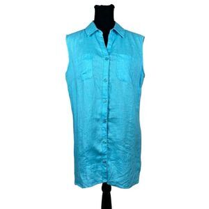 Islander Linen Blue Longline Vest Button Down Tunic - Women’s XL